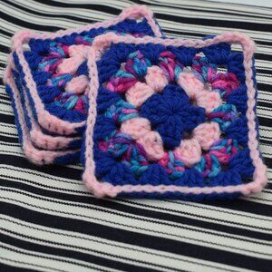 Hand Crafted Crochet Pink And Blue Granny Square Coasters Set Of Four